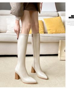 ロングブーツ | ポインテッドトゥレディース チャンキーヒール サイドファスナー バイカラー ミドルヒール 太ヒール 合皮ブーツ ロングブーツ ブーツ 無地