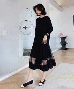 マキシ | 黒ワンピース 長袖ワンピース 秋物 レディース 切り替えワンピース ゆったり 大きいサイズ 裾チュール 30代40代 大人 20代50代 かわいい 通学通勤 ワンピース