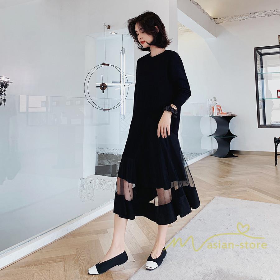 マキシ | 黒ワンピース 長袖ワンピース 秋物 レディース 切り替えワンピース ゆったり 大きいサイズ 裾チュール 30代40代 大人 20代50代 かわいい 通学通勤 ワンピース