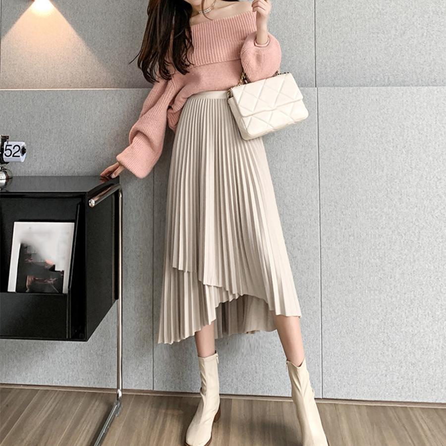 ロングスカート | 不規則裾 プリーツスカート ハイウエスト