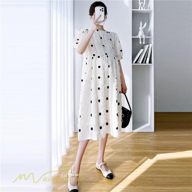 ワンピース | マタニティウェア レディース 半袖 ドット柄 着痩せ マタニティクルーネック 大きいサイズ 産前 マタニティ お出かけ 妊婦着 ゆったり
