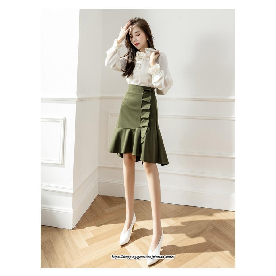 スカート | レディース ミモレ丈 ひざ丈 膝丈 マーメイドフリル オシャレ Aライン キレイめ 着痩せ フェミニン 通学 可愛い 秋服 落ち感 通勤