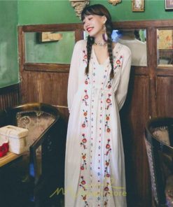 マキシ | ワンピース レディース ロング丈 サマードレス 花柄 リゾートワンピ Aライン 長袖 体型カバー ママ 大人 ゆったり 夏秋 Ｖネック 着痩せ 綿麻 刺繍 旅行 SNS映え