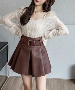 ミニスカート | プリーツレザースカート ベルト付き 秋冬