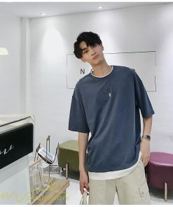 Tシャツ | メンズ 夏物 半袖 五分袖 フェイク レイヤード 重ね着 無地 おしゃれ プルオーバー オーバーサイズ しっかり ロングｔ 男 20代 カジュアル 30代