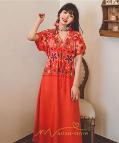 マキシ | ワンピース レディース リゾートワンピ かわいい 半袖 Ｖネック 刺繍 上品 Aライン ロング丈 ロング丈ワンピ エスニック風 結婚式 ファッション 二次会 卒業式