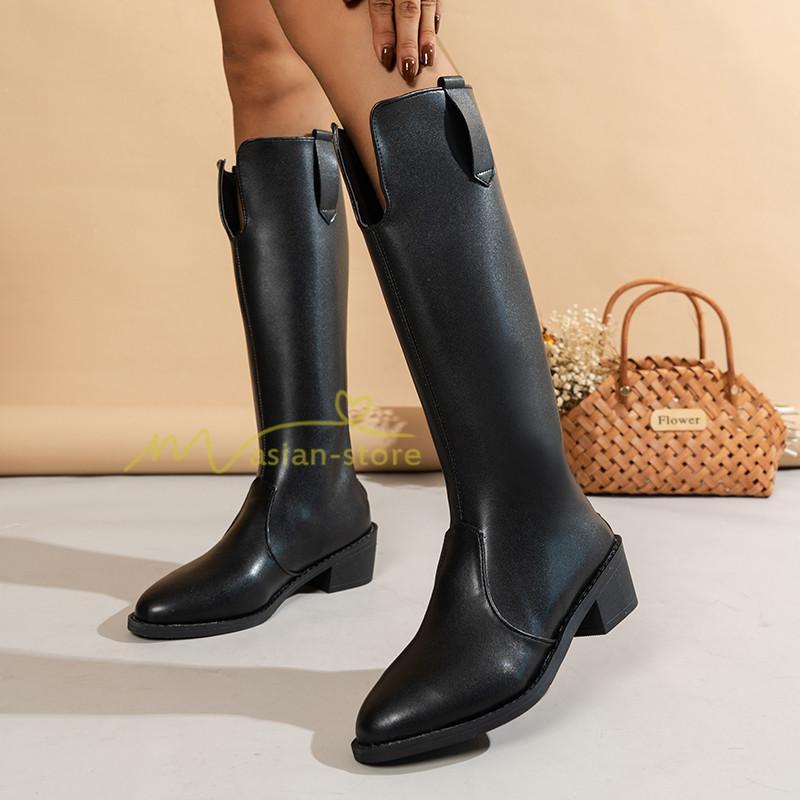 ロングブーツ | レディース ブーツ 秋冬 黒ブーツ シューズ 靴 太ヒール チャンキーヒール 合皮ブーツ PUブーツ ロング靴 COS 後ろファスナー くつ コスプレ