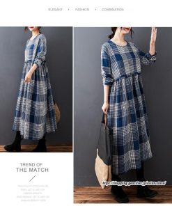 マキシ | チェック柄ワンピースリネン風 長袖ワンピース 30代レディース秋物長袖 綿麻風 ゆったり ゆるシルエット 大人 可愛い 通学通勤 リネンワンピ チェック柄 50代