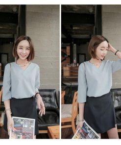 シャツ・ブラウス | シャツブラウス レディース シャツ 五分袖 Vネック 無地 トップス カットソー 可愛い 大人 30代 40代 50代 フォーマル ピンク 白 ブルー オフィス