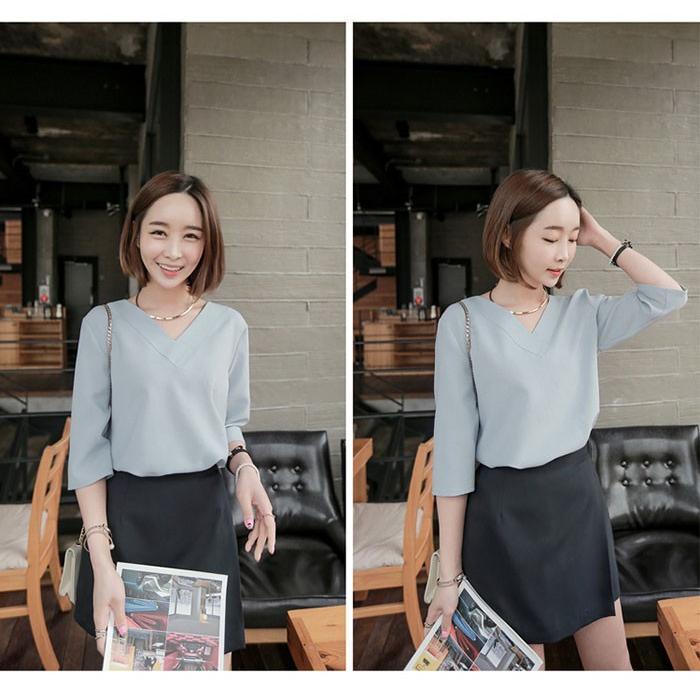 シャツ・ブラウス | シャツブラウス レディース シャツ 五分袖 Vネック 無地 トップス カットソー 可愛い 大人 30代 40代 50代 フォーマル ピンク 白 ブルー オフィス