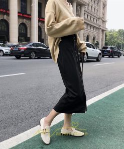 スカート | レディース タイト膝丈ストレッチ ジップアップ ボトムス ファスナー ブラック 無地 シンプル 伸縮性ある生地 膝下丈