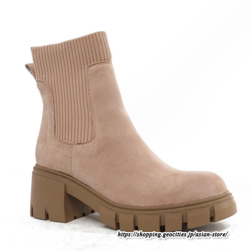 ショートブーツ | 大きいサイズ27cm レディース 上品 ブーツ 秋冬 春 厚底ブーツ ラウンドトゥ ソックス切り替え 太ヒール 大人 チャンキーヒール 黒ブーツ