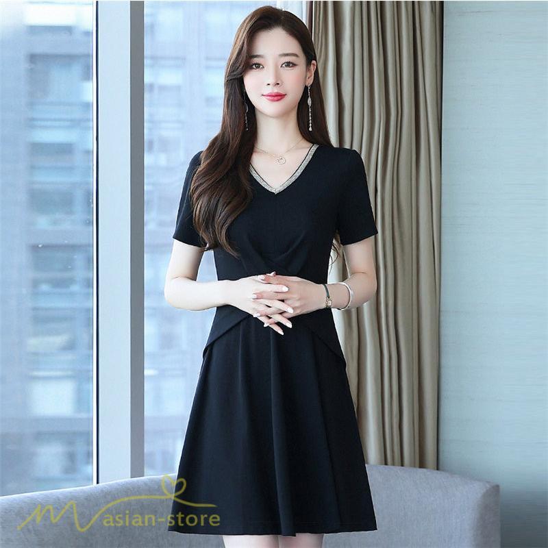 ミディアム | ワンピース Aライン レディース 着痩せ Vネック ひざ上丈 カジュアル 大きいサイズ 無地 きれいめ おしゃれ 春 夏 30代 新作 上品 サマーワンピース 40代 20代
