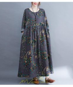 マキシ | ワンピース レディース 長袖 ロング カジュアル 花柄プリント 大きいサイズ  ぽっちゃり 着痩せ 上品 新作 丸首 秋 Aライン 夏 20代30代40代50代 レトロ風
