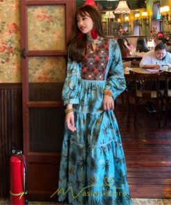マキシ | ワンピース 七分袖 レディース 夏服  秋服 ロングワンピース マキシ丈 Vネック 民族風 エスニック風 体型カバー カジュアル お洒落 レトロ ハイウエスト