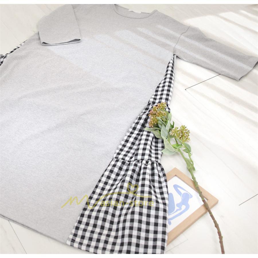 マキシ | ワンピース レディース 40代 ロングワンピース 春夏 切り替え チェック柄 お洒落 長袖 ゆったり カジュアル 通勤 30代 体型カバー 重ね着風 着痩せ 大きいサイズ