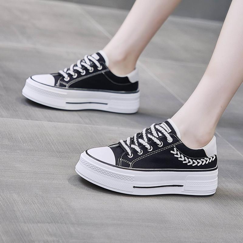 スニーカー | レディースシューズ レースアップ ローカット 厚底靴 履きやすい キャンバス カジュアルシューズ フラットシューズ