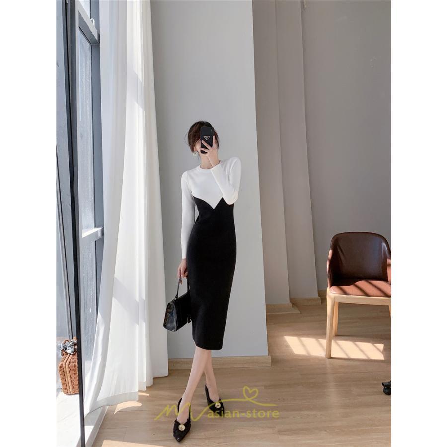 ニットワンピース | ワンピース 秋 秋服 レディース ニット ロングワンピース ロング 長袖 冬 冬服 タイト 切り替え 着痩せ お出かけ 韓国風 20代30代40代50代 通勤 2022新作