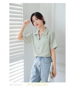 シャツ・ブラウス | ブラウス シャツ 夏 半袖 レディース 白 緑 無地 Vネック 開襟 胸ポケット 通気性 シンプル フランス風 女性 オフィス エレガント 上品 着痩せ 通勤 華奢見え OL