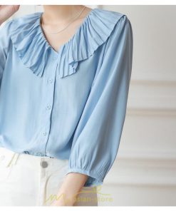 シャツ・ブラウス | ブラウス レディース シャツ おしゃれ きれいめ 七分袖ブラウス カジュアル 無地 フォーマル オフィス 夏物 エレガント Vネック ライトブルー 通勤 ビジネス