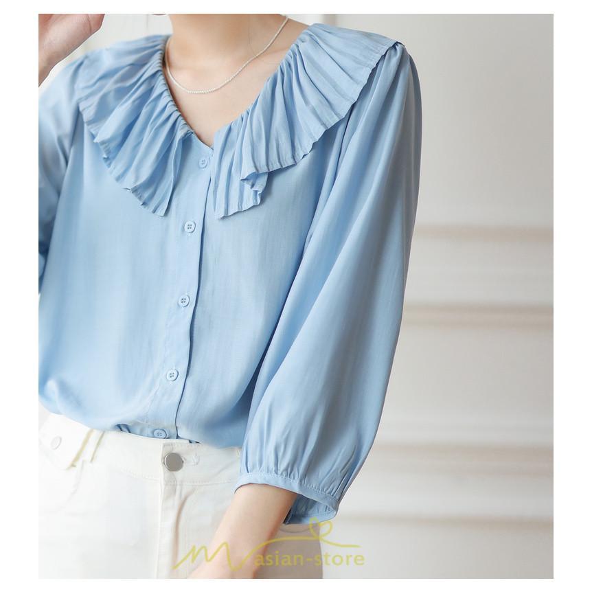 シャツ・ブラウス | ブラウス レディース シャツ おしゃれ きれいめ 七分袖ブラウス カジュアル 無地 フォーマル オフィス 夏物 エレガント Vネック ライトブルー 通勤 ビジネス