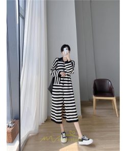 ニットワンピース | ワンピース 秋 秋服 レディース ニット ロングワンピース ロング 長袖 大きいサイズ ゆったり ボーダー柄 スリット お出かけ 部屋着 休日 韓国風 カジュアル