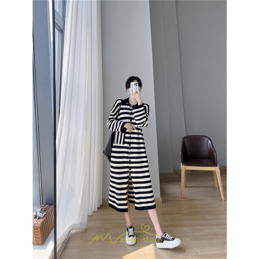 ニットワンピース | ワンピース 秋 秋服 レディース ニット ロングワンピース ロング 長袖 大きいサイズ ゆったり ボーダー柄 スリット お出かけ 部屋着 休日 韓国風 カジュアル