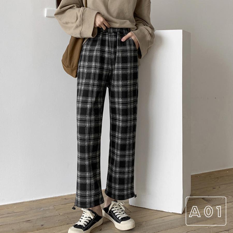 クロップドパンツ | チェック柄 あったか ストレートパンツ カーゴパンツ レディース おしゃれ ロングパンツ カジュアル 裏起毛パンツ 着やせ
