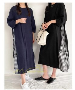 マキシ | ワンピース レディース 40代 ロングワンピース 春夏 切り替え チェック柄 お洒落 長袖 ゆったり カジュアル 通勤 30代 体型カバー 重ね着風 着痩せ 大きいサイズ