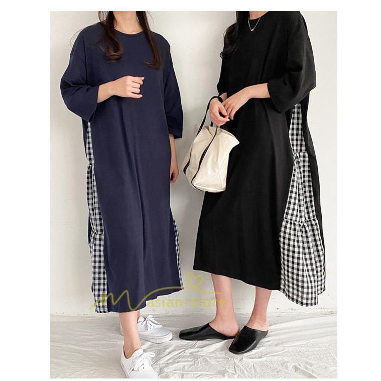 マキシ | ワンピース レディース 40代 ロングワンピース 春夏 切り替え チェック柄 お洒落 長袖 ゆったり カジュアル 通勤 30代 体型カバー 重ね着風 着痩せ 大きいサイズ