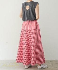 スカート | ロング夏新作 フレア切り替え チェック柄 20代30代 大人 40代50代 可愛い 60代 ゆったり 広い裾 ウエストゴム 6色 春 ダンス舞台 綿 春夏 秋