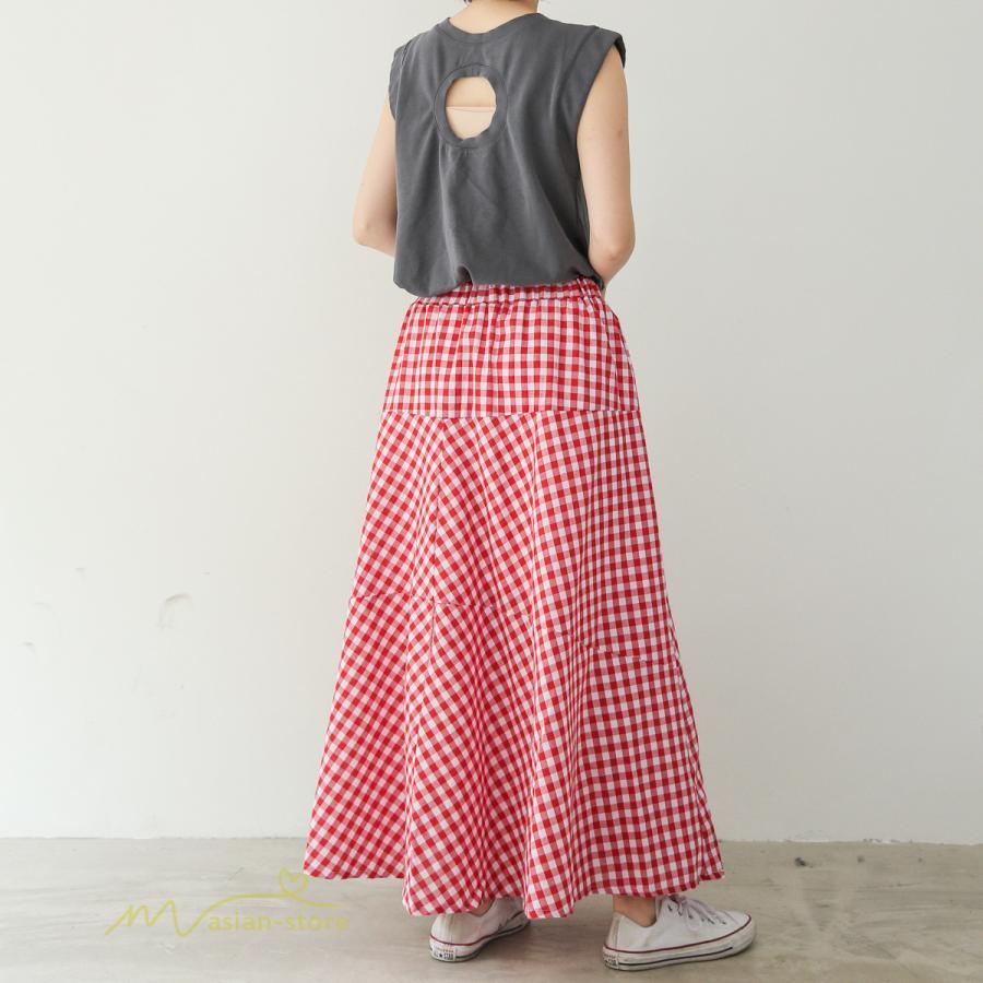 スカート | ロング夏新作 フレア切り替え チェック柄 20代30代 大人 40代50代 可愛い 60代 ゆったり 広い裾 ウエストゴム 6色 春 ダンス舞台 綿 春夏 秋
