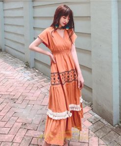 マキシ | ワンピース エスニック 綿麻 エスニックファッション 春ワンピ 夏ワンピ コットン リネン かわいい おしゃれ ハイウエスト バカンス 刺繍 Vネック リゾート 旅行