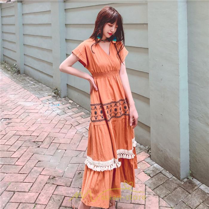 マキシ | ワンピース エスニック 綿麻 エスニックファッション 春ワンピ 夏ワンピ コットン リネン かわいい おしゃれ ハイウエスト バカンス 刺繍 Vネック リゾート 旅行