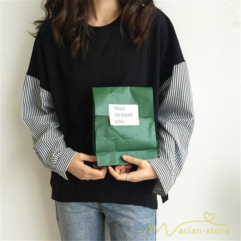 tシャツ・カットソー | Tシャツ レディース カットソー 長袖 シャツ 切り替え 可愛い スリット 体型カバー 夏服 春物 秋物 20代30代40代 トップス 黒 白 シンプル 学生 大人 女の子