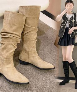 ニーハイブーツ | スエード調 ジョッキーブーツ ローヒール