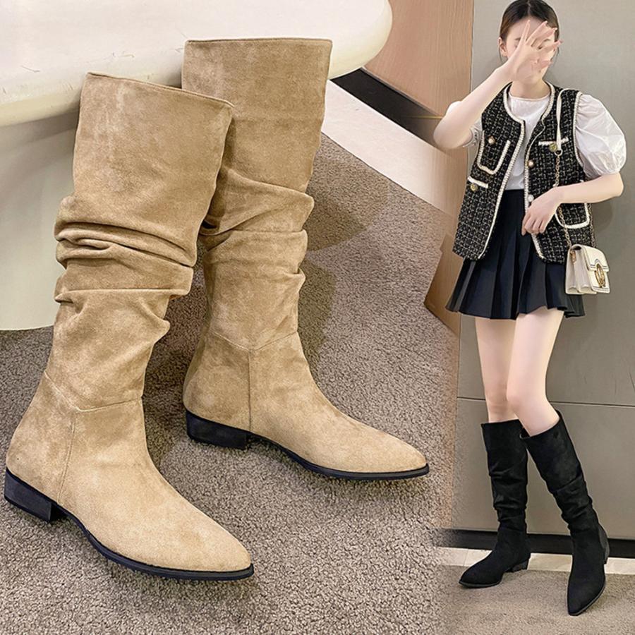 ニーハイブーツ | スエード調 ジョッキーブーツ ローヒール