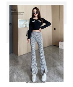 チノ・テーパード・ジョガー・スキニーパン | パンツ レディース フレアパンツ ロングパンツ 千鳥格柄 ブラック スリット カジュアル ハイウエスト お出かけ かわいい スキニーパンツ トレンド おしゃれ