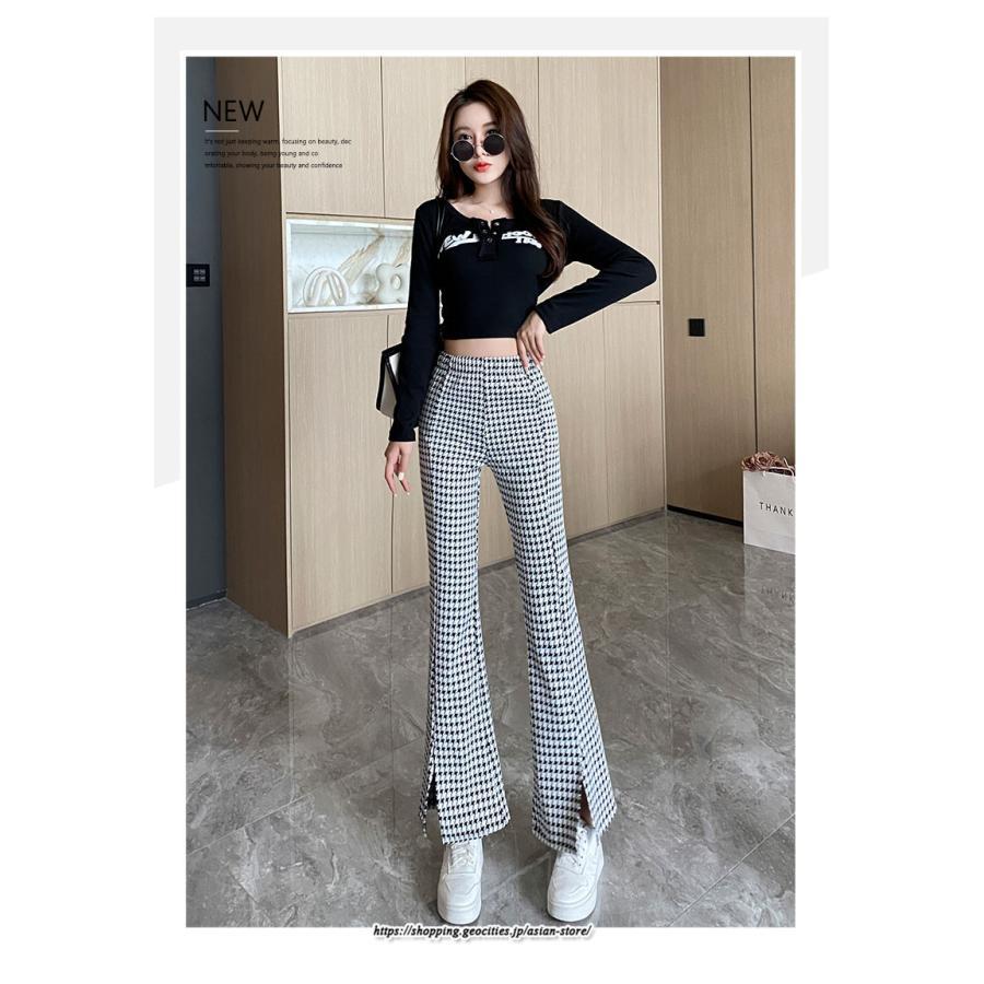 チノ・テーパード・ジョガー・スキニーパン | パンツ レディース フレアパンツ ロングパンツ 千鳥格柄 ブラック スリット カジュアル ハイウエスト お出かけ かわいい スキニーパンツ トレンド おしゃれ