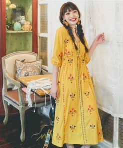 マキシ | ロング丈ワンピース レディース 花柄 Aライン 七分袖 ロング丈 ゆるシンプル きれいめ Vネック カジュアル 細見え 白 リゾート 黄色 上品 華やか 旅行