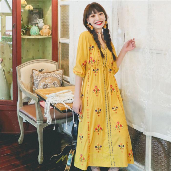 マキシ | ロング丈ワンピース レディース 花柄 Aライン 七分袖 ロング丈 ゆるシンプル きれいめ Vネック カジュアル 細見え 白 リゾート 黄色 上品 華やか 旅行