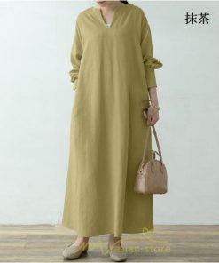 マキシ | ワンピース レディース 春 秋 長袖 ロングワンピース スカート マキシ丈 秋冬 通勤着 可愛い ゆったり 体型カバー 20代 50代 着痩せ 綿麻 30代 ｖネック 40代