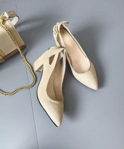 パンプス | スエード調 ポインテッドトゥ チャンキーヒール スエード太ヒール ストラップなし スリップオン バックリボン 無地 大きいサイズ ミドル