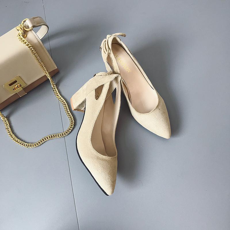 パンプス | スエード調 ポインテッドトゥ チャンキーヒール スエード太ヒール ストラップなし スリップオン バックリボン 無地 大きいサイズ ミドル