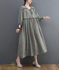 マキシ | ワンピース レディース Vネック 7分袖 秋 ロングワンピース フリーサイズ 花柄 40代 50代 大人 レトロ風 ゆるワンピース カジュアル 秋コーデ 30代 大人 20代