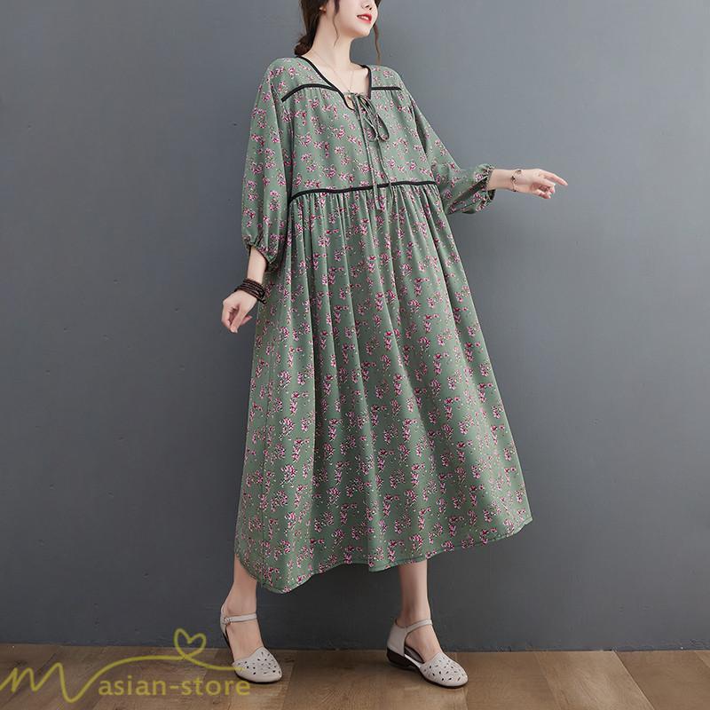マキシ | ワンピース レディース Vネック 7分袖 秋 ロングワンピース フリーサイズ 花柄 40代 50代 大人 レトロ風 ゆるワンピース カジュアル 秋コーデ 30代 大人 20代