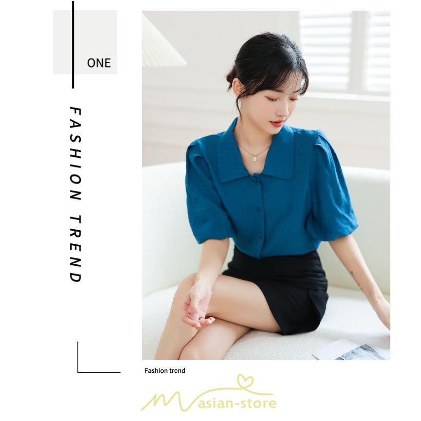シャツ・ブラウス | ブラウス レディース オフィス シャツ 青 フォーマル 半袖 おしゃれ カジュアル フェミニン 開襟 着痩せ フランス風 お仕事 クラシック ビジネス 通勤 OL