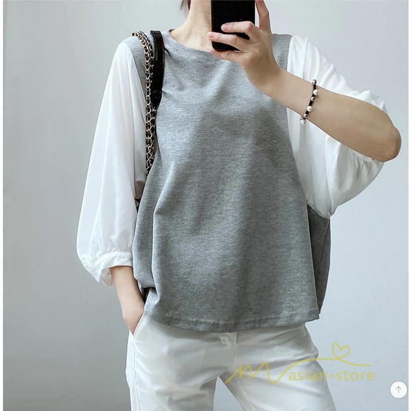 tシャツ・カットソー | 長袖ブラウス レディース Tシャツ 秋物 切替ブラウス 切替Tシャツ トップス 七分袖 長袖 夏秋物 ドッキングTシャツ 20代30代 長袖Tシャツ ドッキングブラウス