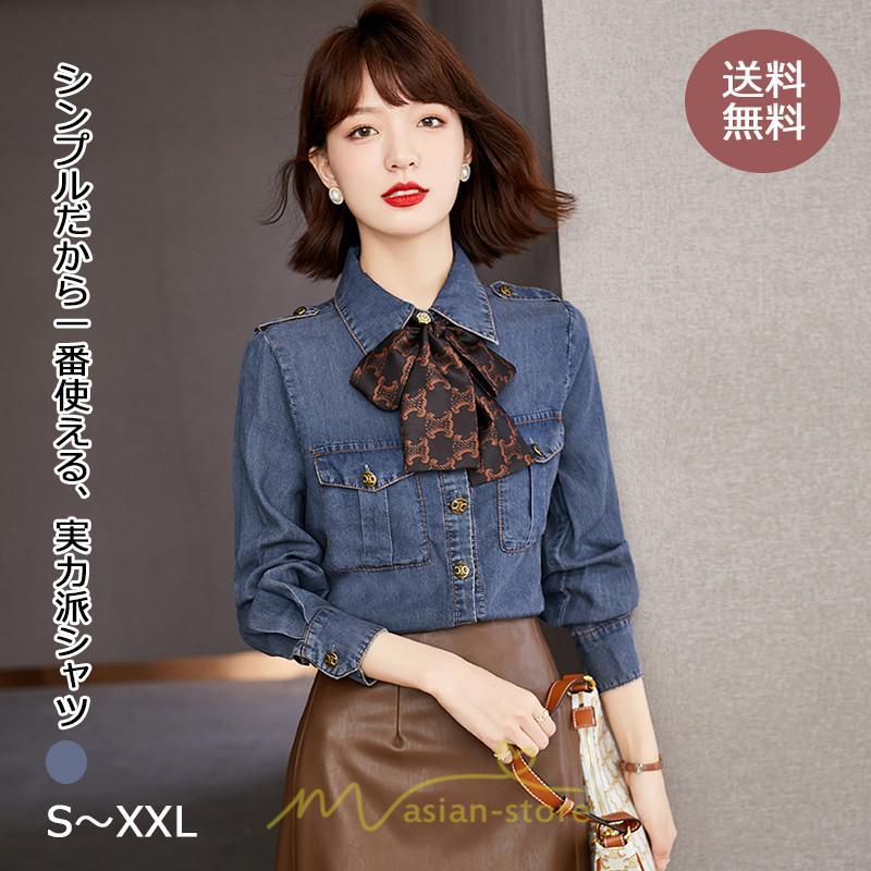 シャツ・ブラウス | デニムシャツ シャツ トップス レディース ブラウス デニム カジュアル リボン レトロ風 通勤 通学 オシャレ ナチュラル 上品 可愛い キレイめ 秋服 2022