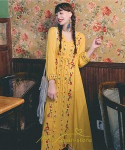 マキシ | ワンピース レディース ロング丈 サマードレス 花柄 リゾートワンピ Aライン 長袖 体型カバー ママ 大人 ゆったり 夏秋 Ｖネック 着痩せ 綿麻 刺繍 旅行 SNS映え